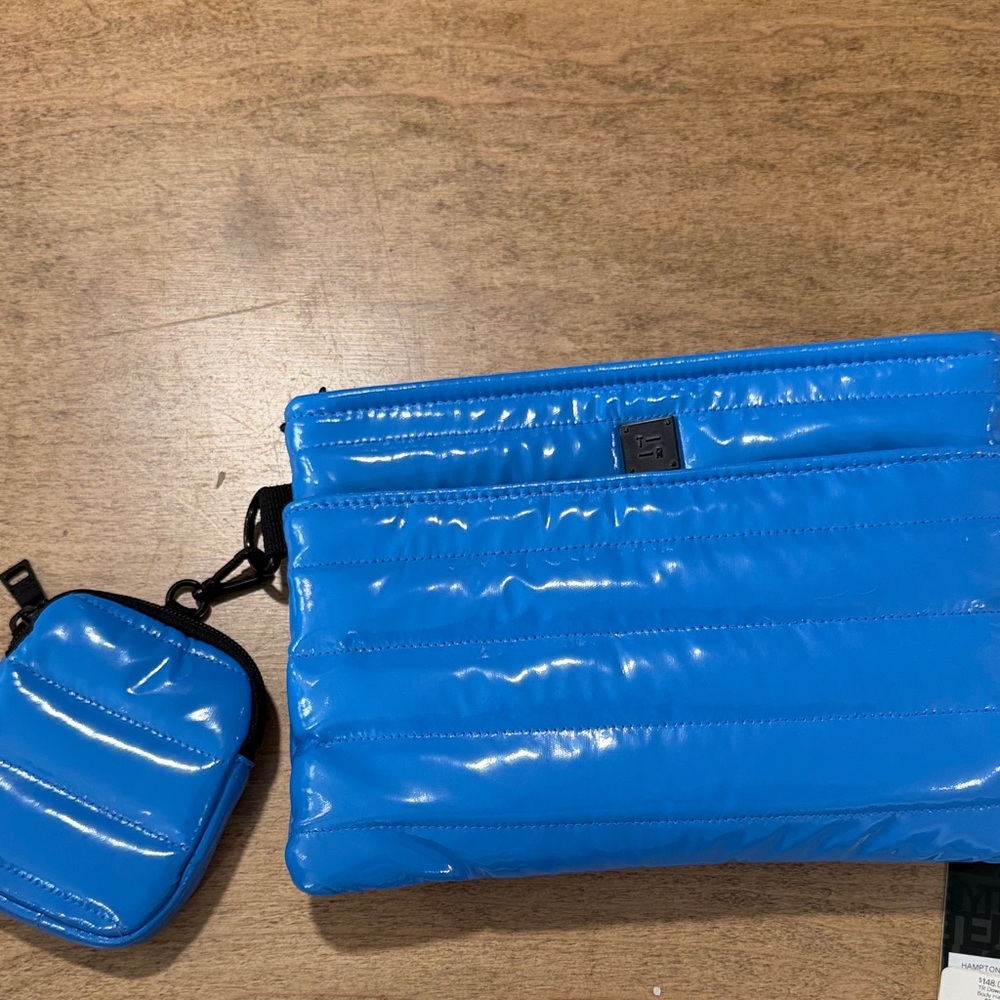 THINK ROYLN Patent Puffer Crossbody Bag in Bright Blue